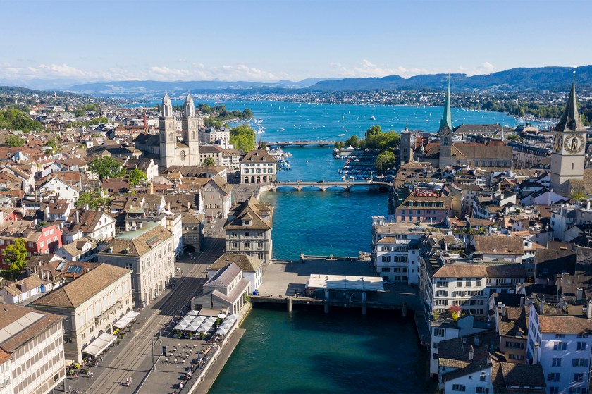 An aerial view of Zurich on a sunny day.