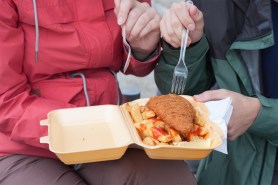 Someone in a red jacket shares a to-go container with someone in a green jacket. Each holds a plastic fork above a fish and chips meal.