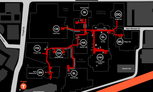 A map showing underground tunnels connecting Snell Engineering, Forsyth Hall, Churchill Hall, Snell Library, Hayden Hall, Cabot Gym, Richards Hall, Ell Hall, the Curry Student Center, Dodge Hall, and Mugar Hall