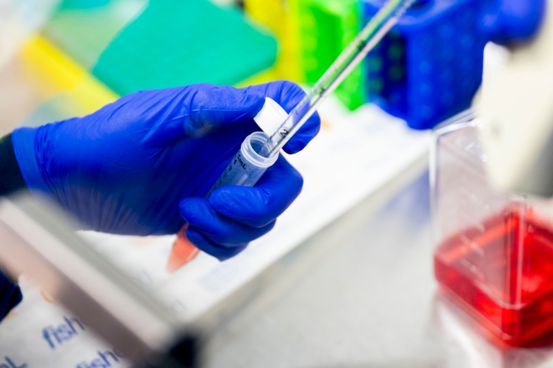 A close up of gloved hands carefully measuring liquids instead a test tube.