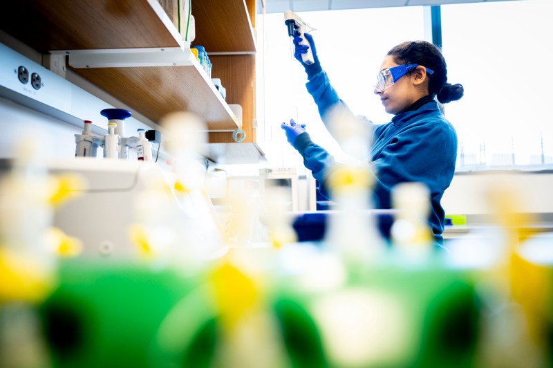 Inside a laboratory, a person in lab gear, gloves and glasses holds test tubes in each hand.