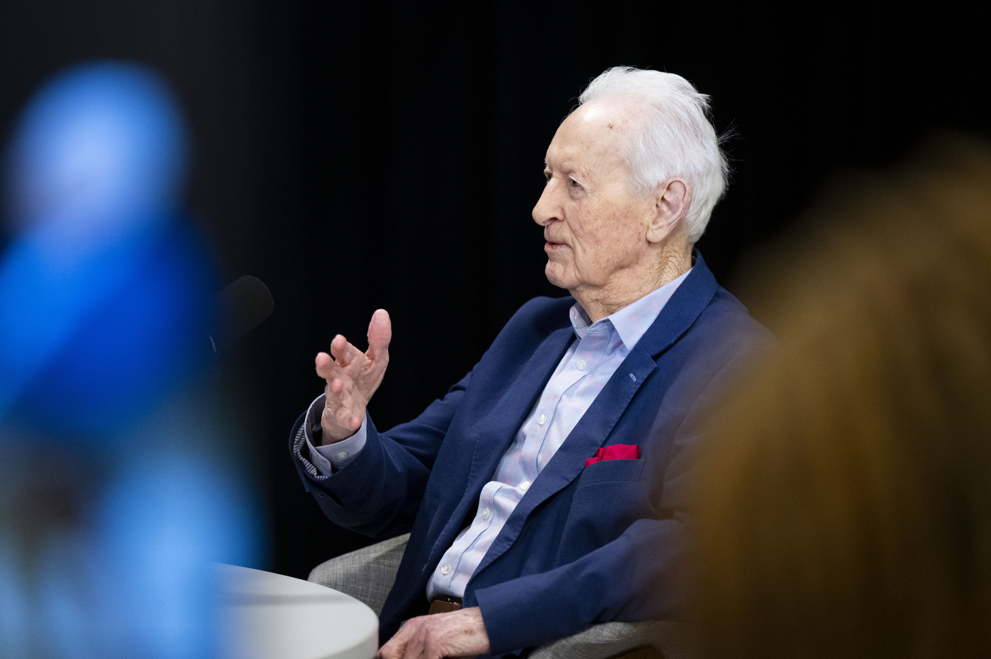 Daniel McCarthy gestures while speaking during the taping of an NGN Podcast episode at Northeastern University.