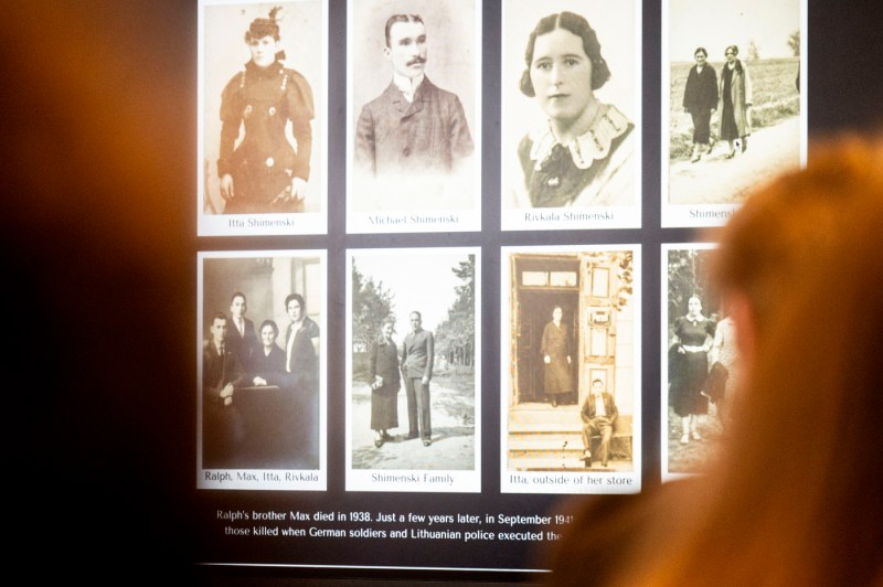 A close up of historic photos showcased at a student's Holocaust and Genocide Awareness presentation on her family history.