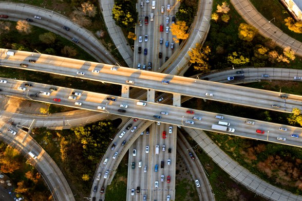An aerial view of the Los Angeles Four freeway exchange intersection.