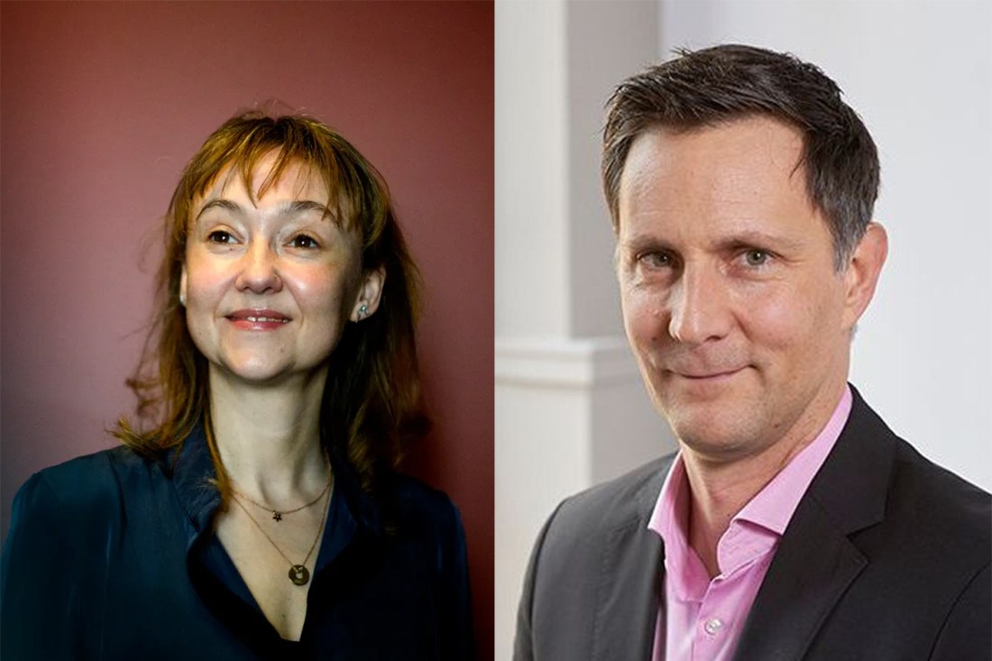 Two headshots, one of Rachel Rodgers, the other of Nathan Blake.