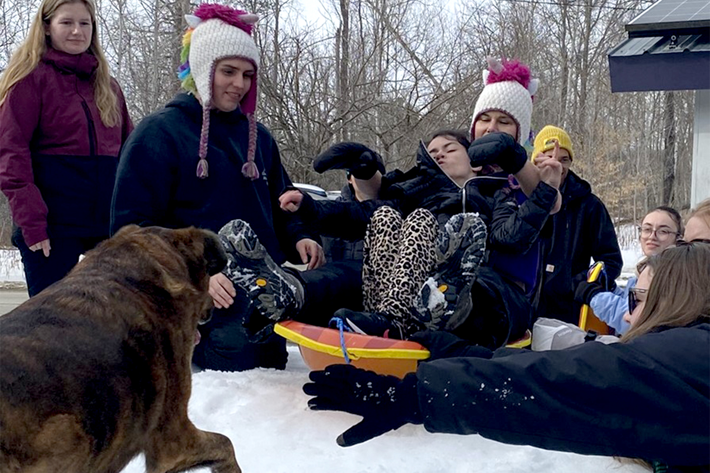 People at AAC Family Camp go sledding in Vermony