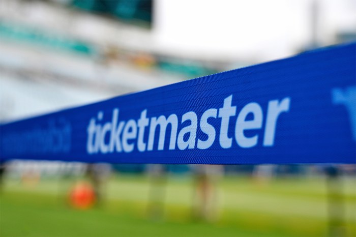 The ticketmaster logo in white text is displayed on a blue side banner along an NFL field.
