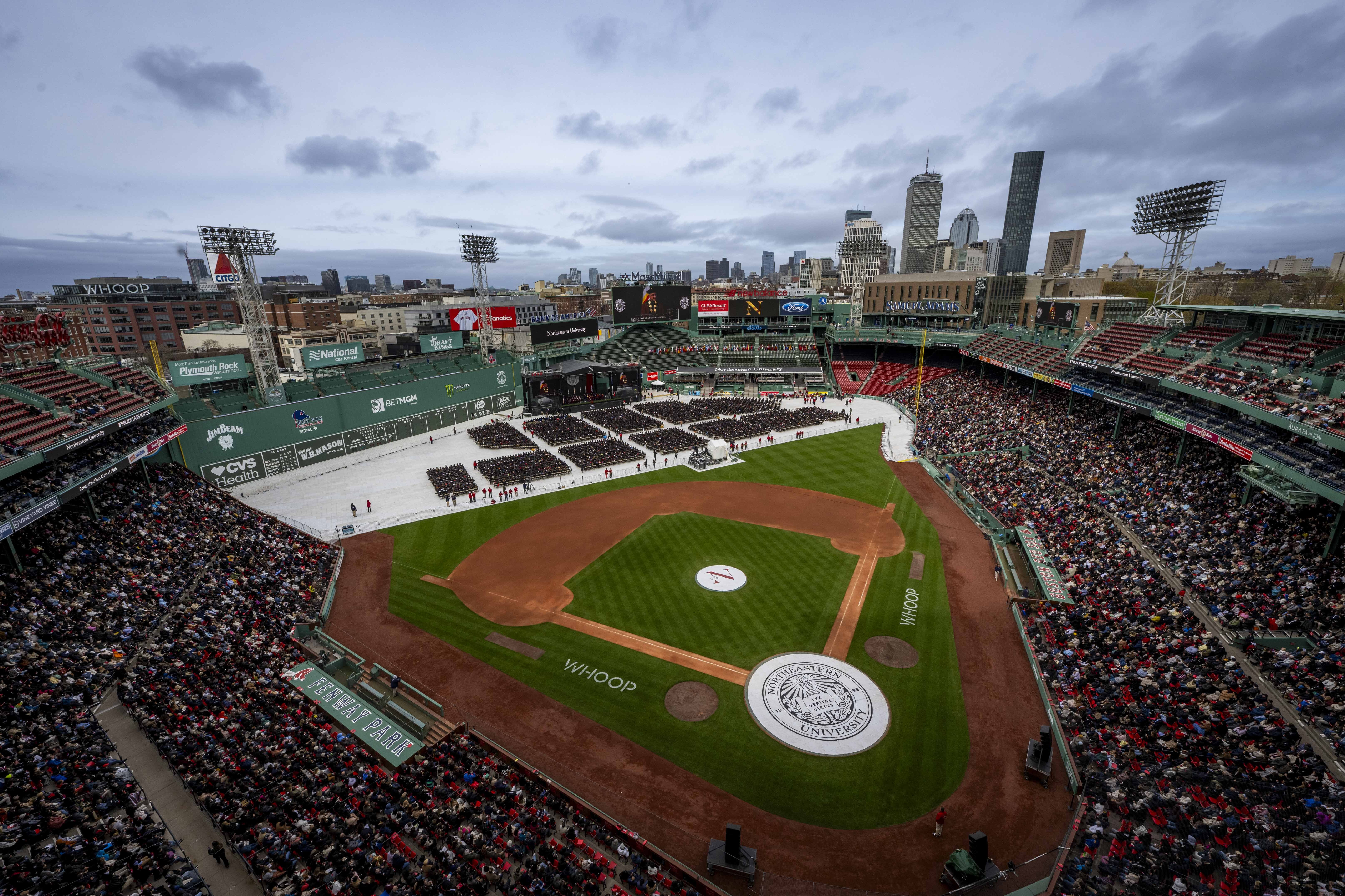 An aerial view of the Fenway Park baseball diamond.
