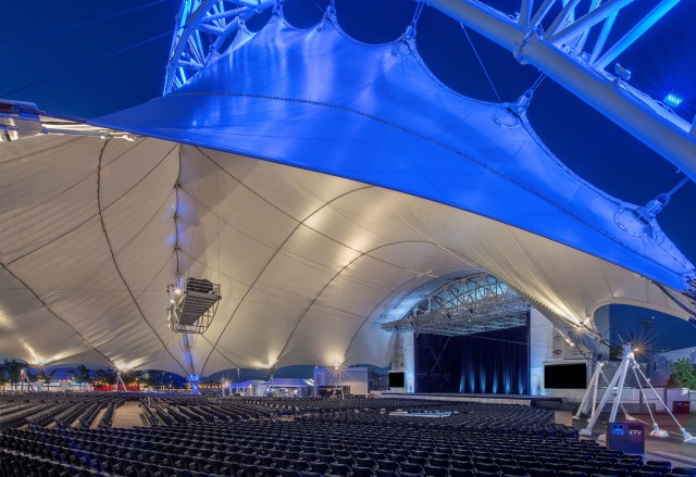 An interior shot of the stage, tent and seating at Leader Bank Pavilion in Boston