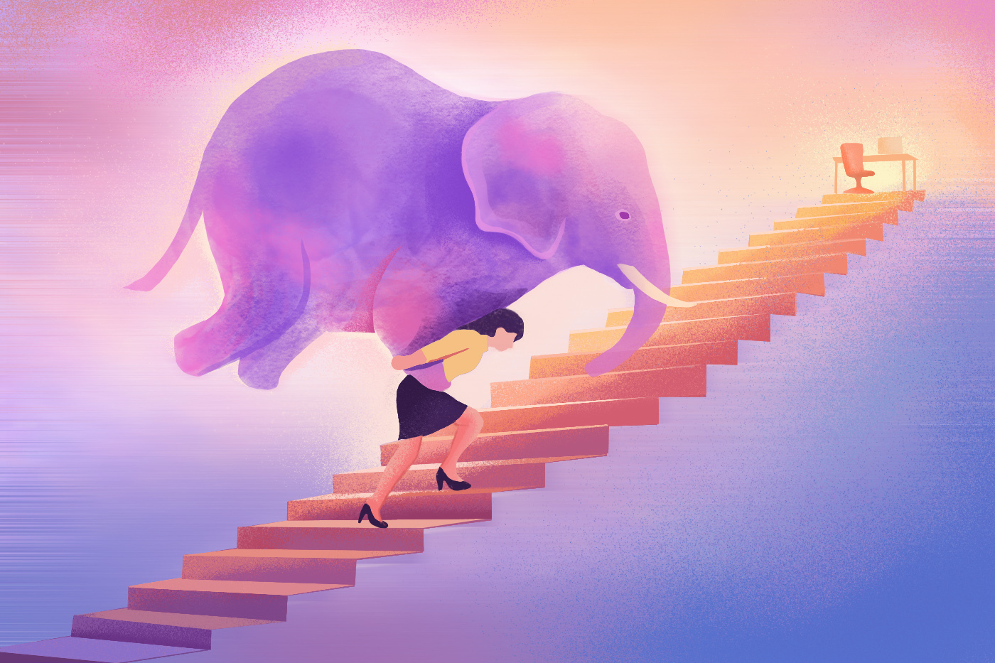 An artistic illustration of a woman in work attire carrying an elephant up stairs toward an office desk.