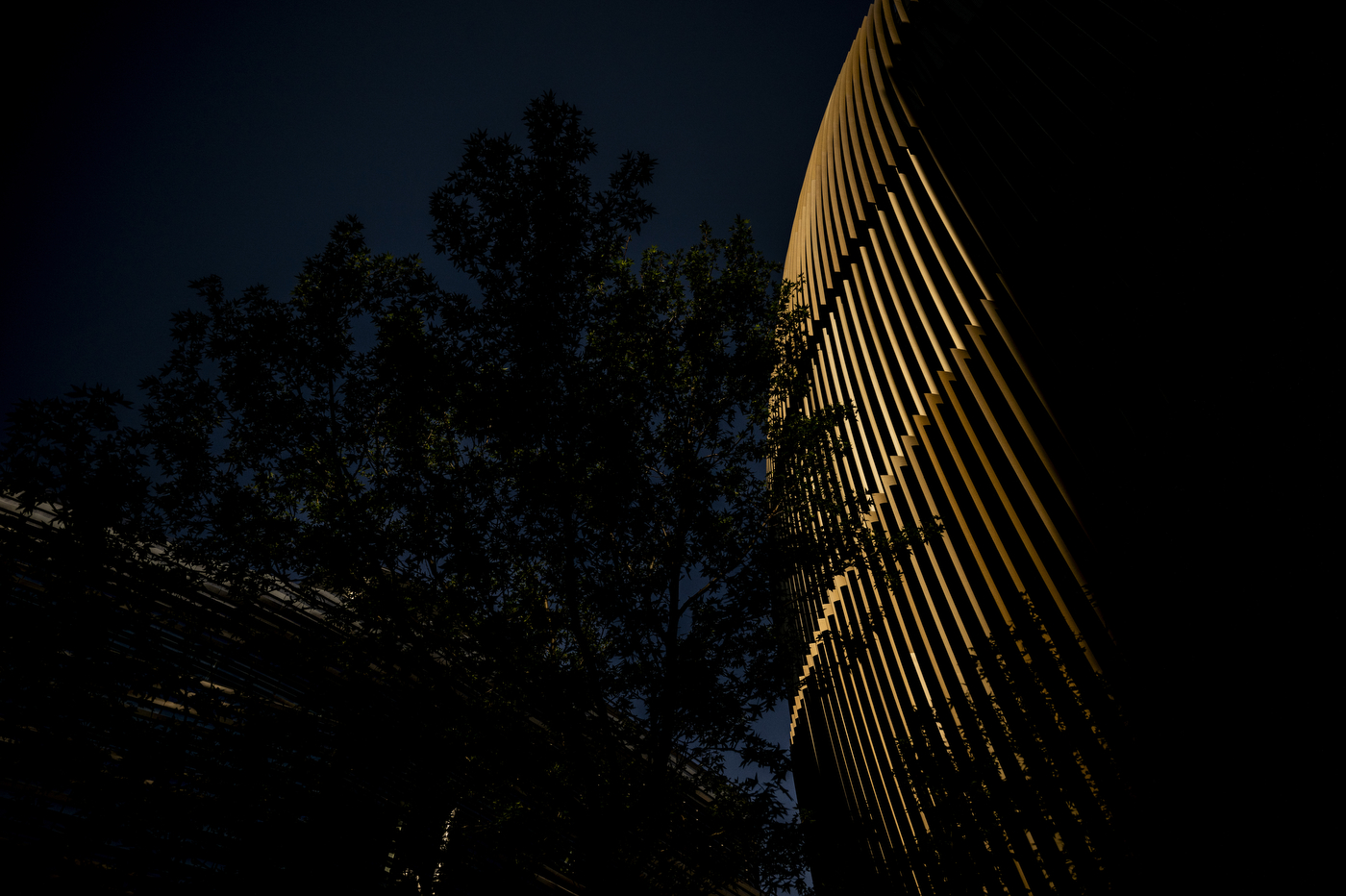 An exterior shot of the ISEC building during sunrise.