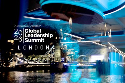 A designed image of the exterior of a colorfully lit and sleek designed building, with text that says "Global Leadership Summit 2026"