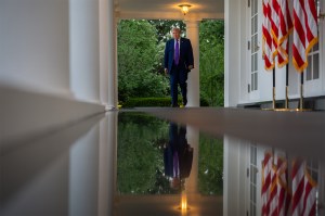 President Donald Trump walks in the Rose Garden at the White House.