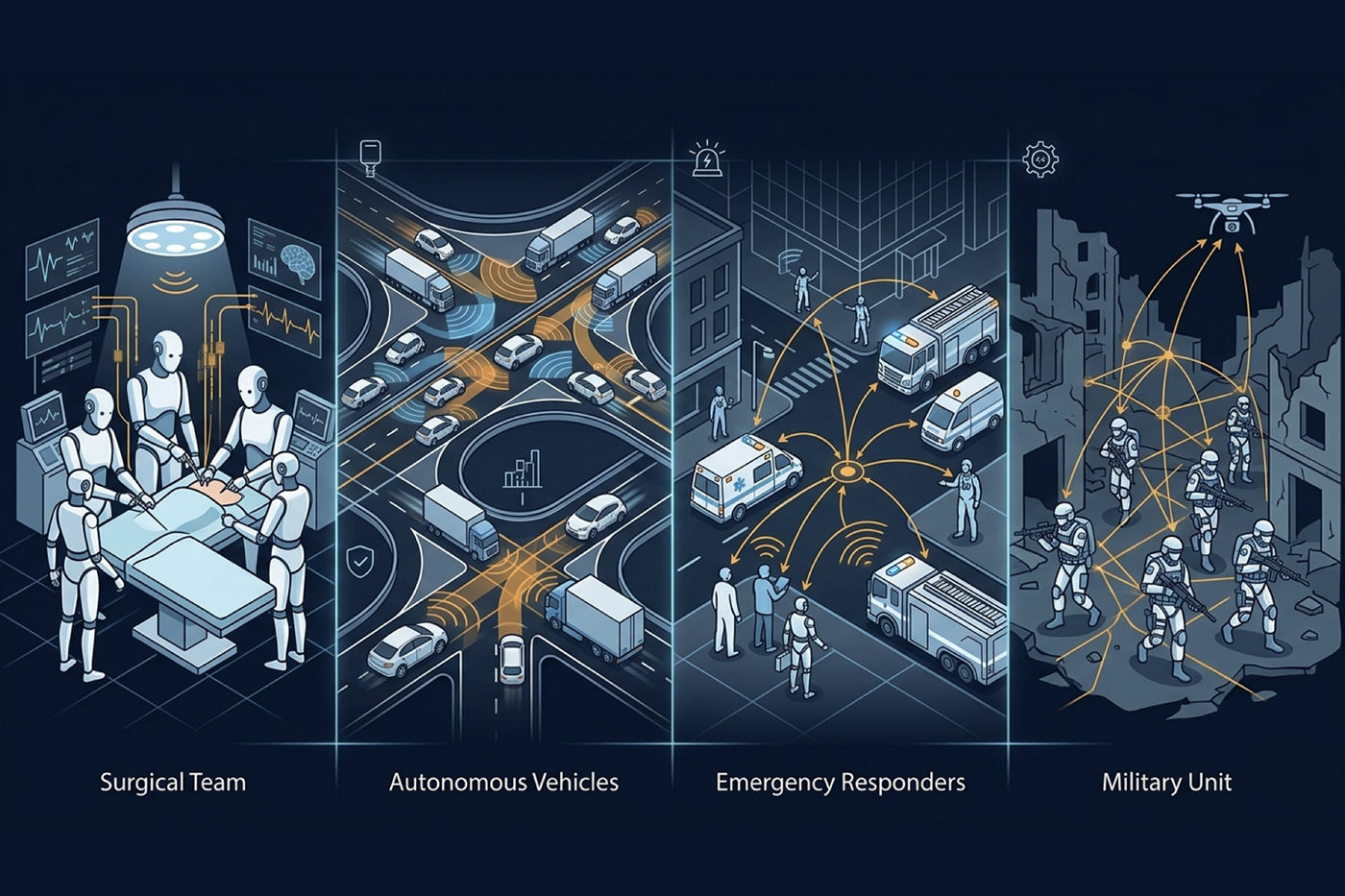 An illustration shows four scenarios of robots, representing AI, assisting humans in surgical teams, autonomous vehicles, emergency responders and military units.