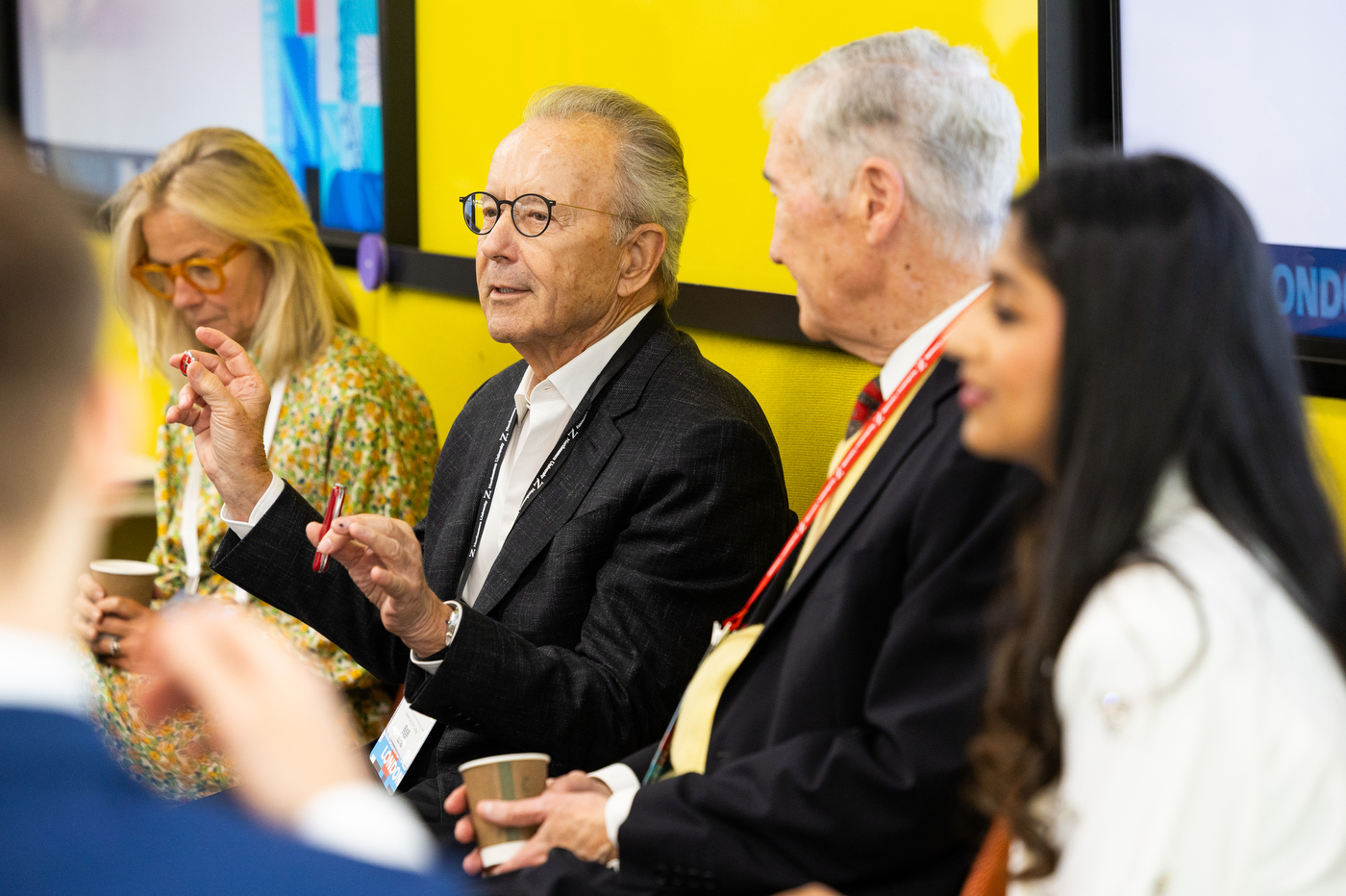 A panelist speaks to fellow panelists during the Global Leadership Summit. 