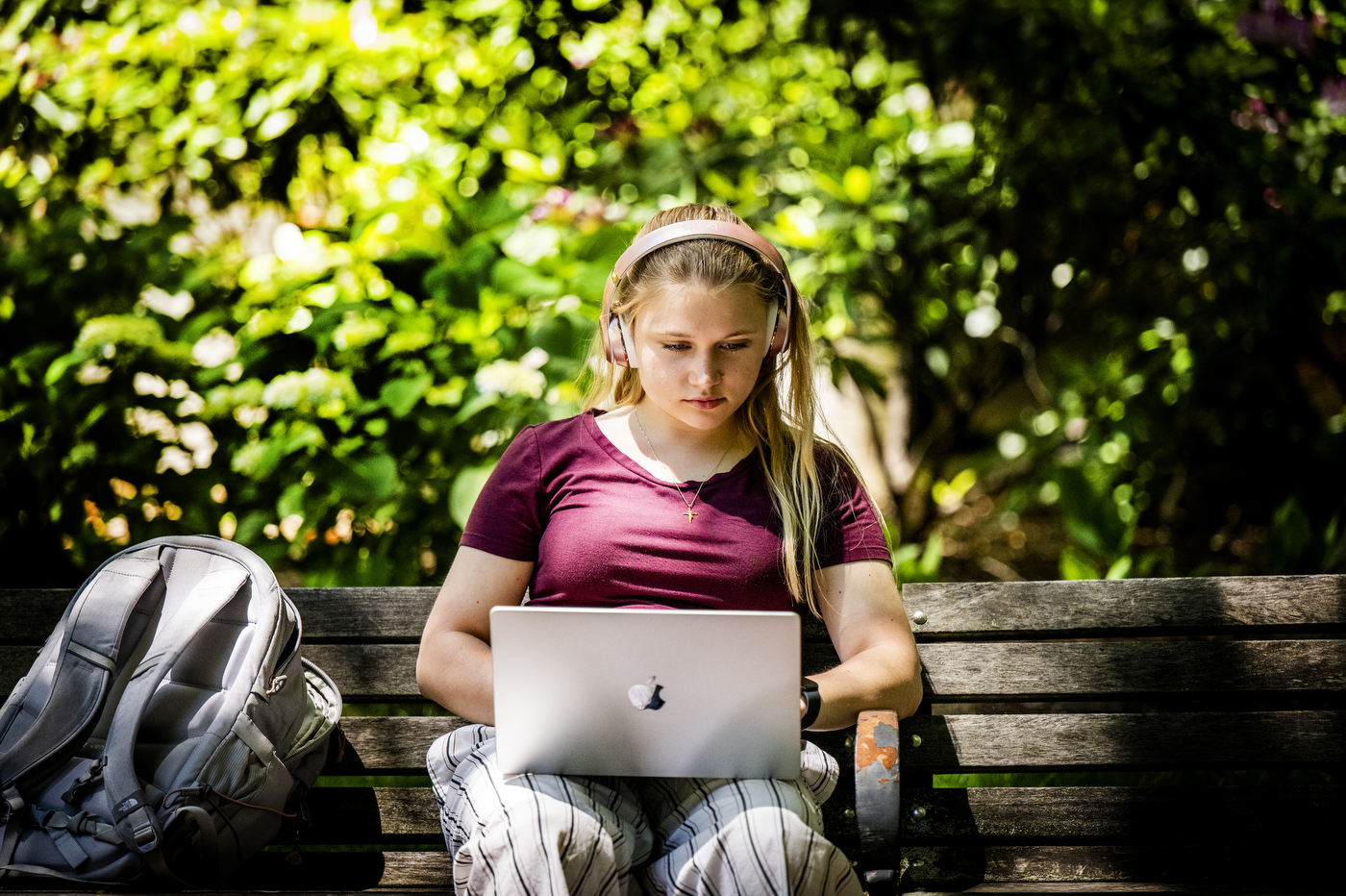 A student sits on a bench underneath green trees while using laptop.