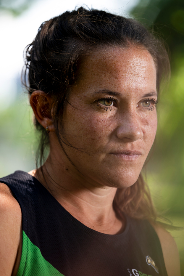 Hannah Rowe, seen at an angle from her right, is staring intensely. 