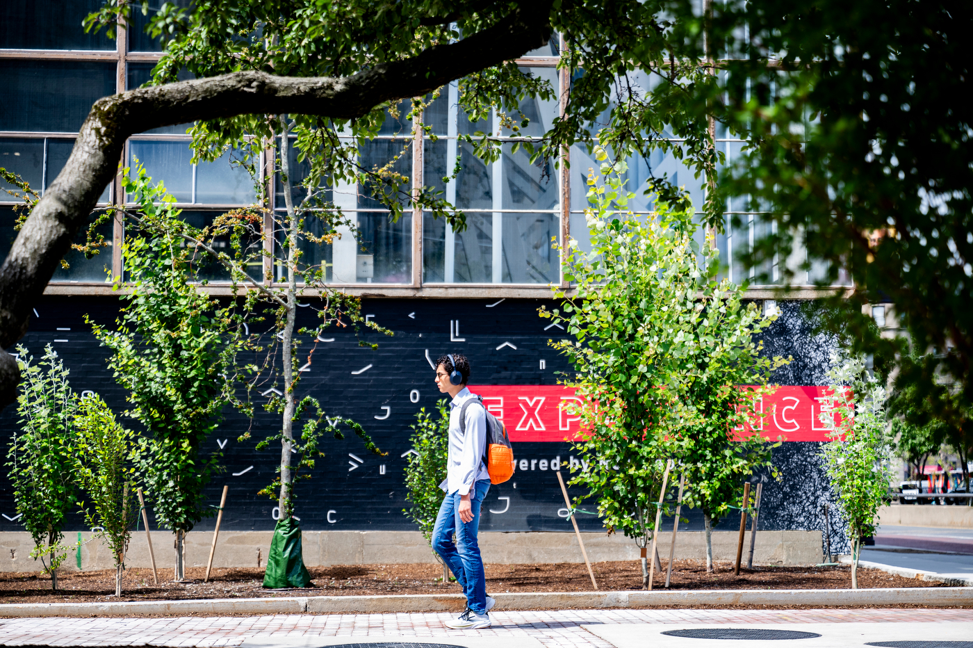 A student walks past a campus mural.