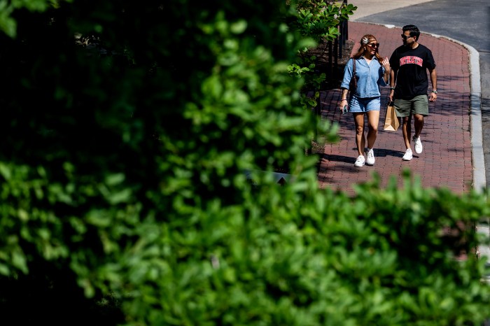 Two people walk along a tree-lined sidewalk.