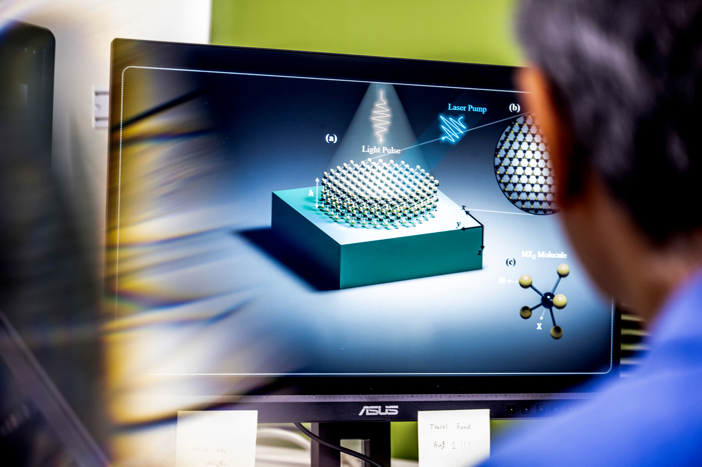 A monitor displays a research diagram illustrating laser pump light pulses interacting with a molecular structure, with a Hossein Mosallaei's silhouette visible in the foreground.