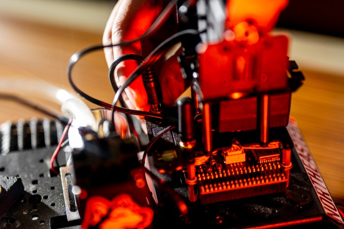 A close up of wiring and circuitry for a firefighting robot.