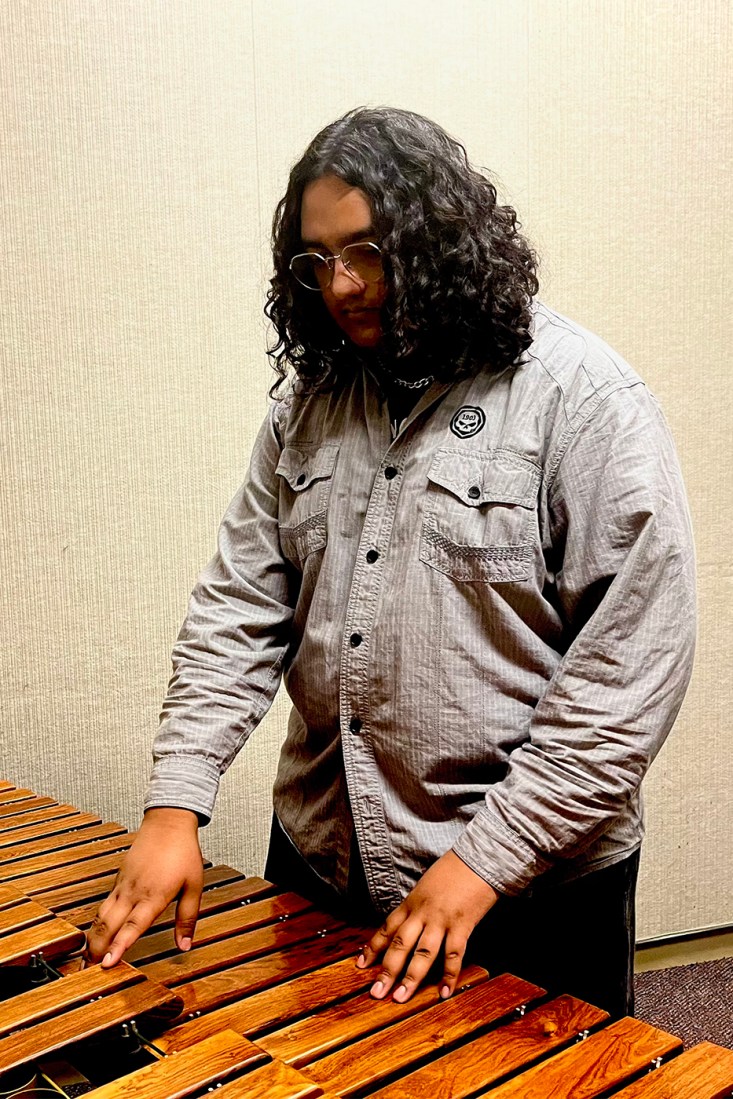 A person stands at a marimba with their hands on the wooden bars during a music activity.