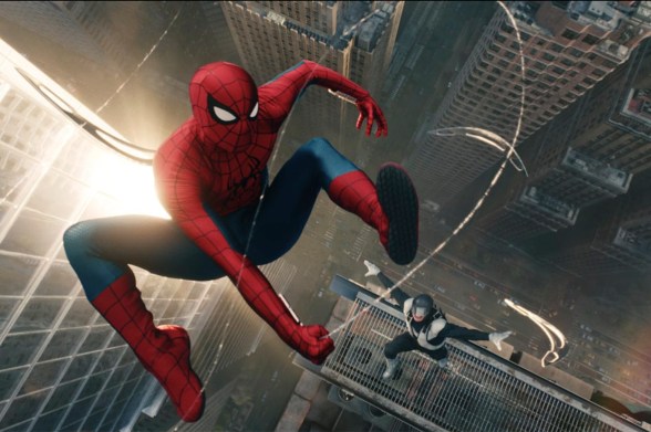 A photo of Spider-Man swinging through buildings.