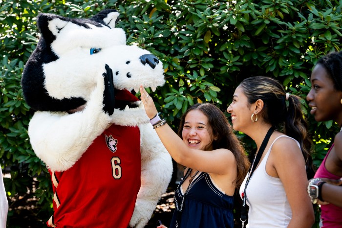 Paws, Northeastern's husky mascot, high-fives a laughing incoming freshman.