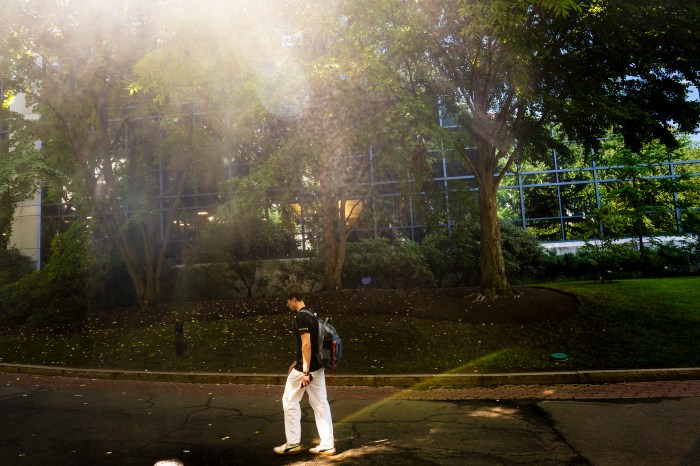 A person walks through mist from a cooling station on a sunlit campus path.
