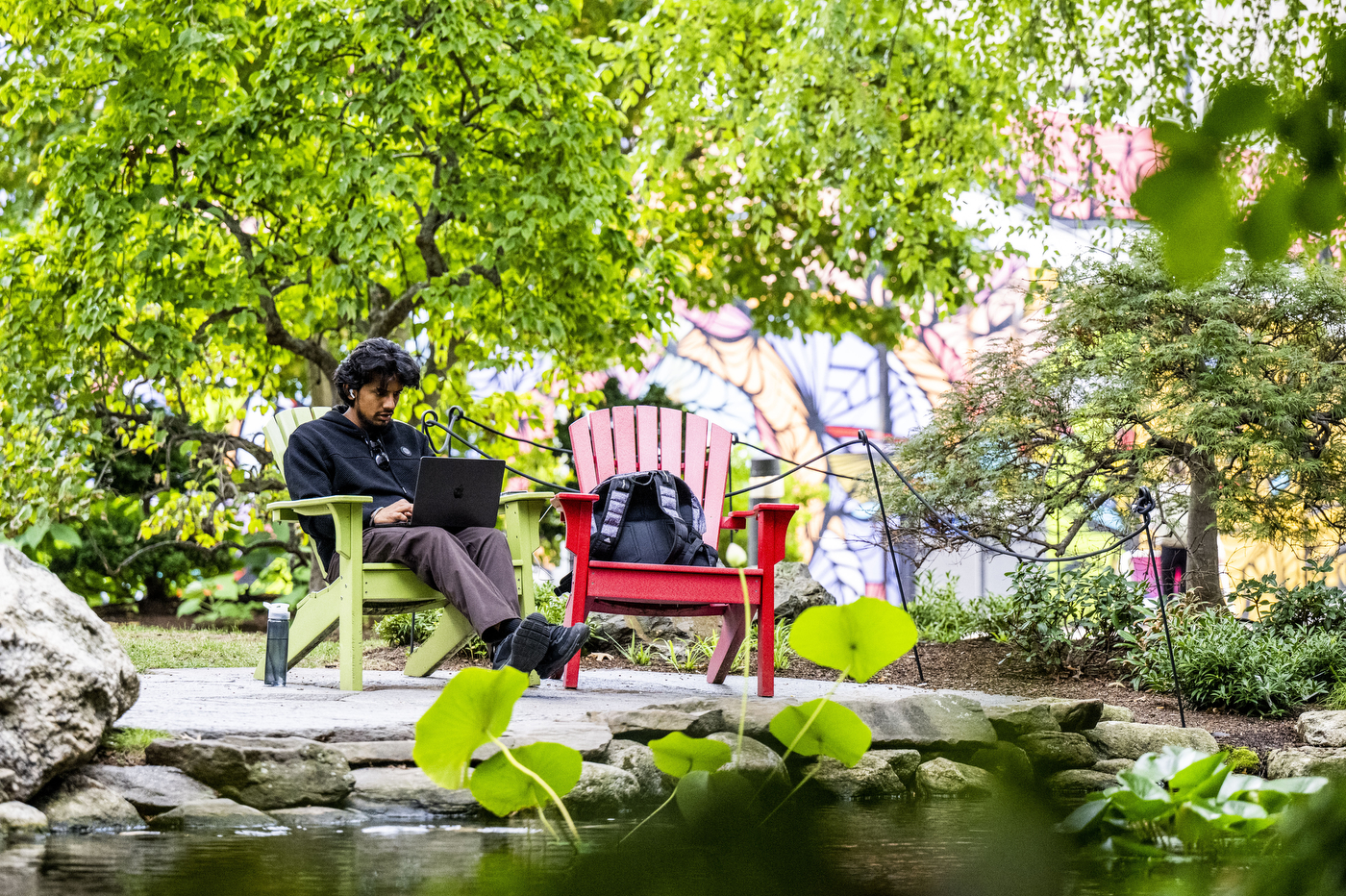 A student sits in a colorful Adirondack chair with a laptop, studying outdoors near a garden pond surrounded by greenery.