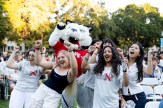 Students cheer with arms raised alongside Northeastern's husky mascot at an outdoor welcome event, with a large crowd seated behind them.