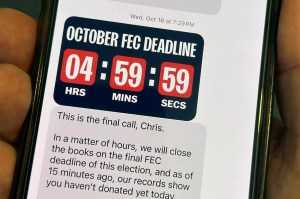 A text message containing political information is viewed on a mobile device.