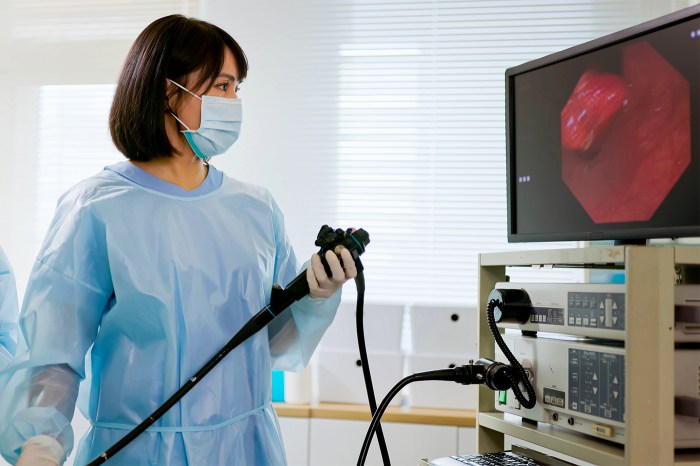 Physician in surgical gown and mask holding an endoscope, monitor beside her displaying the live internal camera feed.