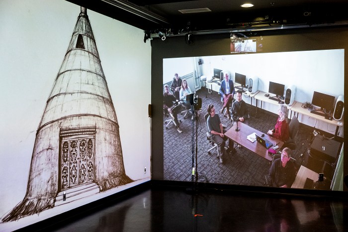 Side-by-side view of a 3D-rendered conical structure and a video call showing students working at a bank of computer monitors.