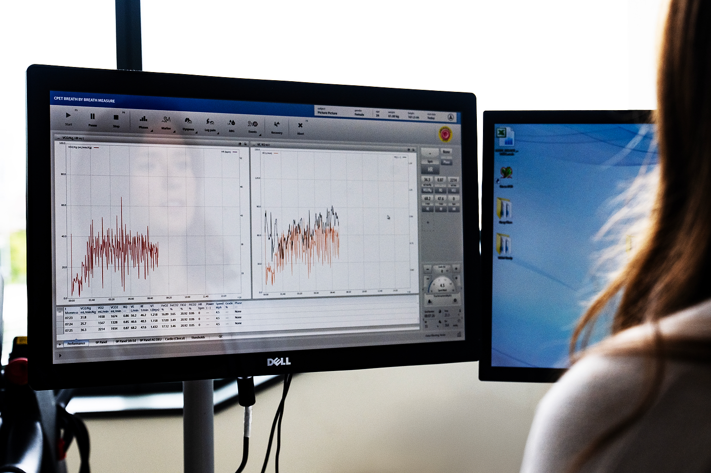 Monitores de computadora que muestran datos de VO2max respiración a respiración y gráficos de frecuencia cardíaca, con la silueta de un investigador reflejada en una pantalla.