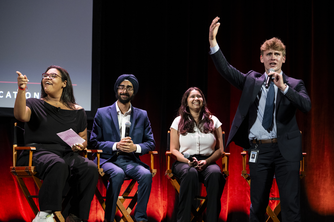 A student speaker addresses the audience onstage during Northeastern University’s New York City convocation at The Town Hall.