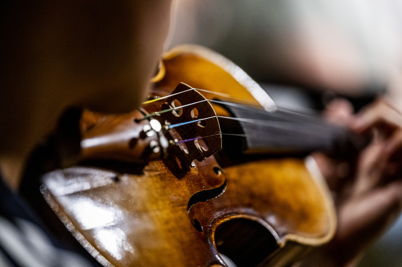 Close-up of a hand pressing strings on a violin's fingerboard.