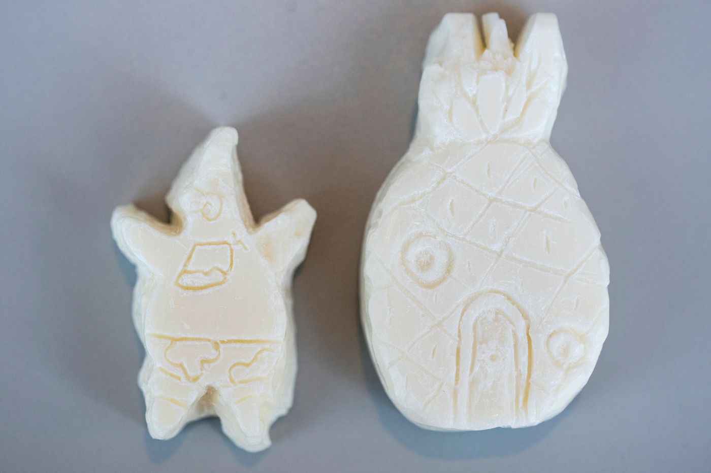 Patrick Star and Spongebob's pineapple house carved out of soap.