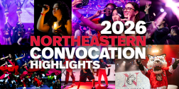 2026 Northeastern Convocation Highlights text atop celebratory images of students and confetti, performers, and Paws