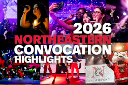 2026 Northeastern Convocation Highlights text atop celebratory images of students and confetti, performers, and Paws