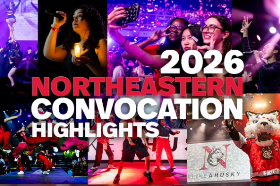 2026 Northeastern Convocation Highlights text atop celebratory images of students and confetti, performers, and Paws
