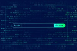 A stylized graphic of a prompt input field and "Generate" button set against a background of binary code, representing AI text generation.