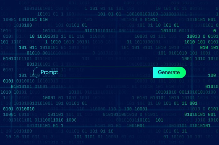 A stylized graphic of a prompt input field and "Generate" button set against a background of binary code, representing AI text generation.