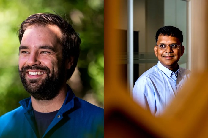 Portrait of Samuel Munoz (left) wearing a blue button down in front of a green foliage blurred background and Auroop Ganguly (right) seen through a blurred object in the foreground.
