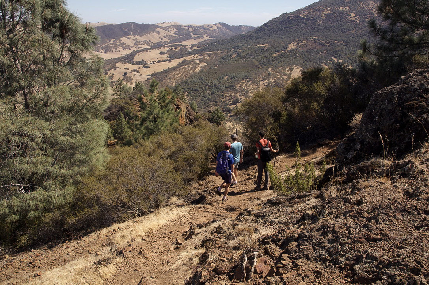 Three hikers on a rocky trail lined with pine trees, with dry, folded ridge lines in the distance.